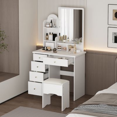 5-Drawers White Makeup Vanity Table Wooden Dressing Desk With Mirror and 3-Tier Storage Shelves