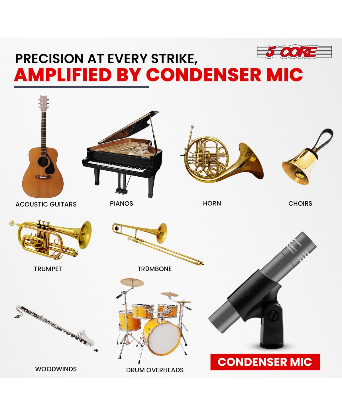 5 Core Professional Instrument Microphone Pencil Mic Condenser Cardioid Unidirectional Stick Microfono with Windscreen Mic Clip & Case Instru Mic 300