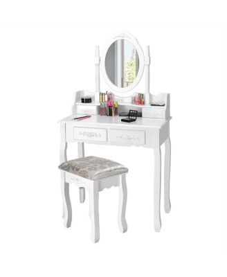 Vanity Table Set with Oval Mirror and 4 Drawers