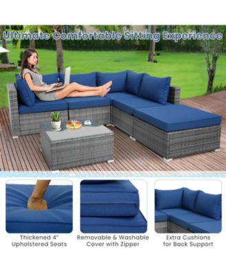 6 Pieces Outdoor Rattan Sofa Set with Seat and Back Cushions