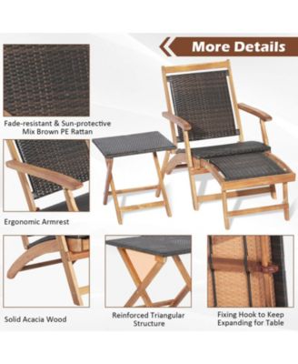 2 Pieces Patio Rattan Folding Lounge Chair with Acacia Wood Table