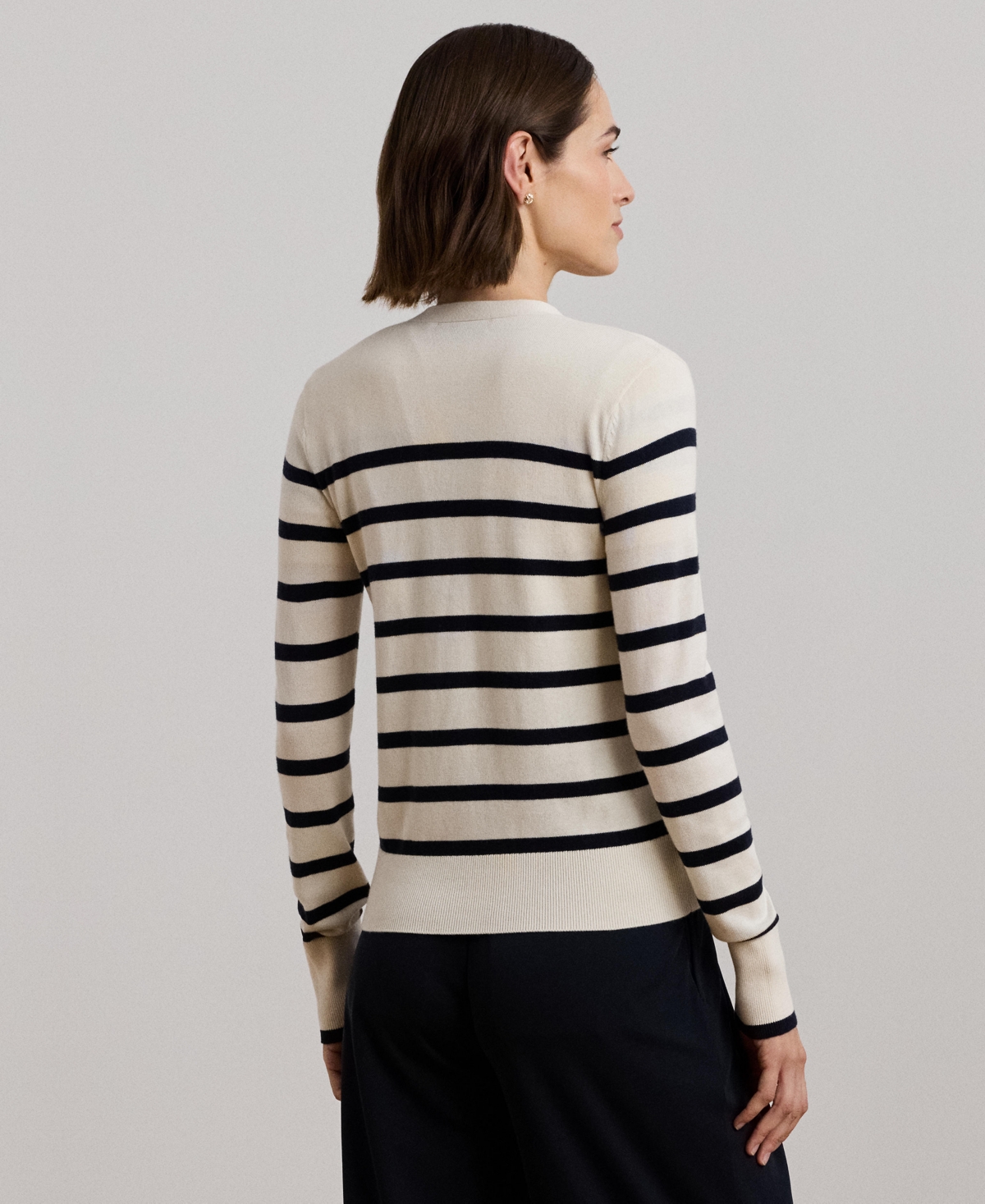 Lauren Ralph Lauren Women's Striped Cotton-Blend Cardigan, Regular & Petite - Mascarpone Cream  Lauren Navy