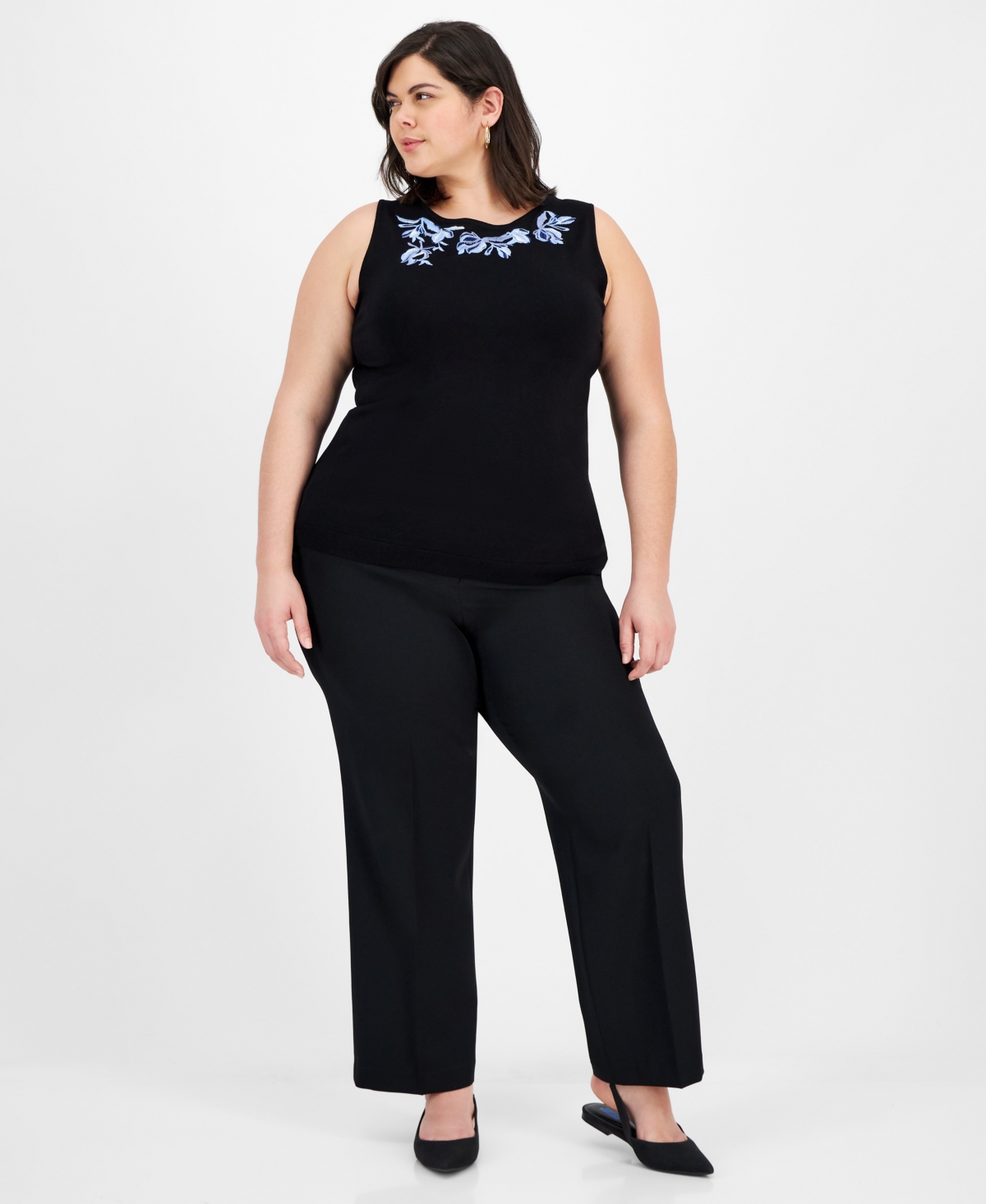 Kasper Plus Size Sleeveless Embroidered Knit Top In Black