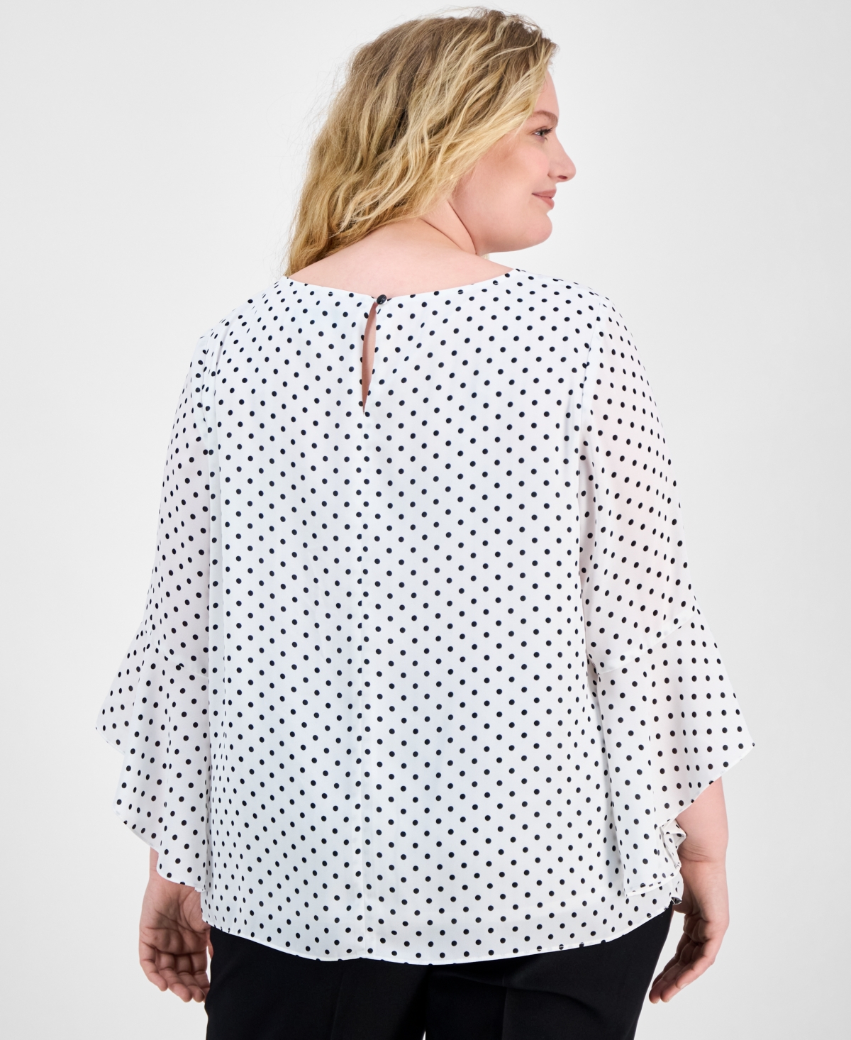 Kasper Plus Size Polka-dot Ruffle-sleeve Blouse In White,black