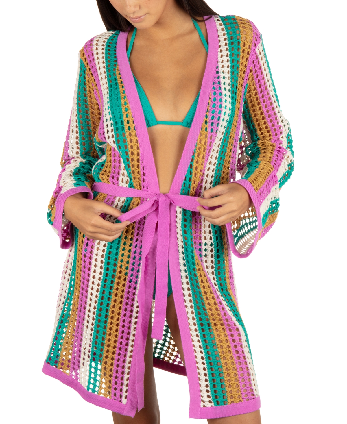 HURLEY JUNIORS' STRIPED CROCHET ROBE COVER-UP 