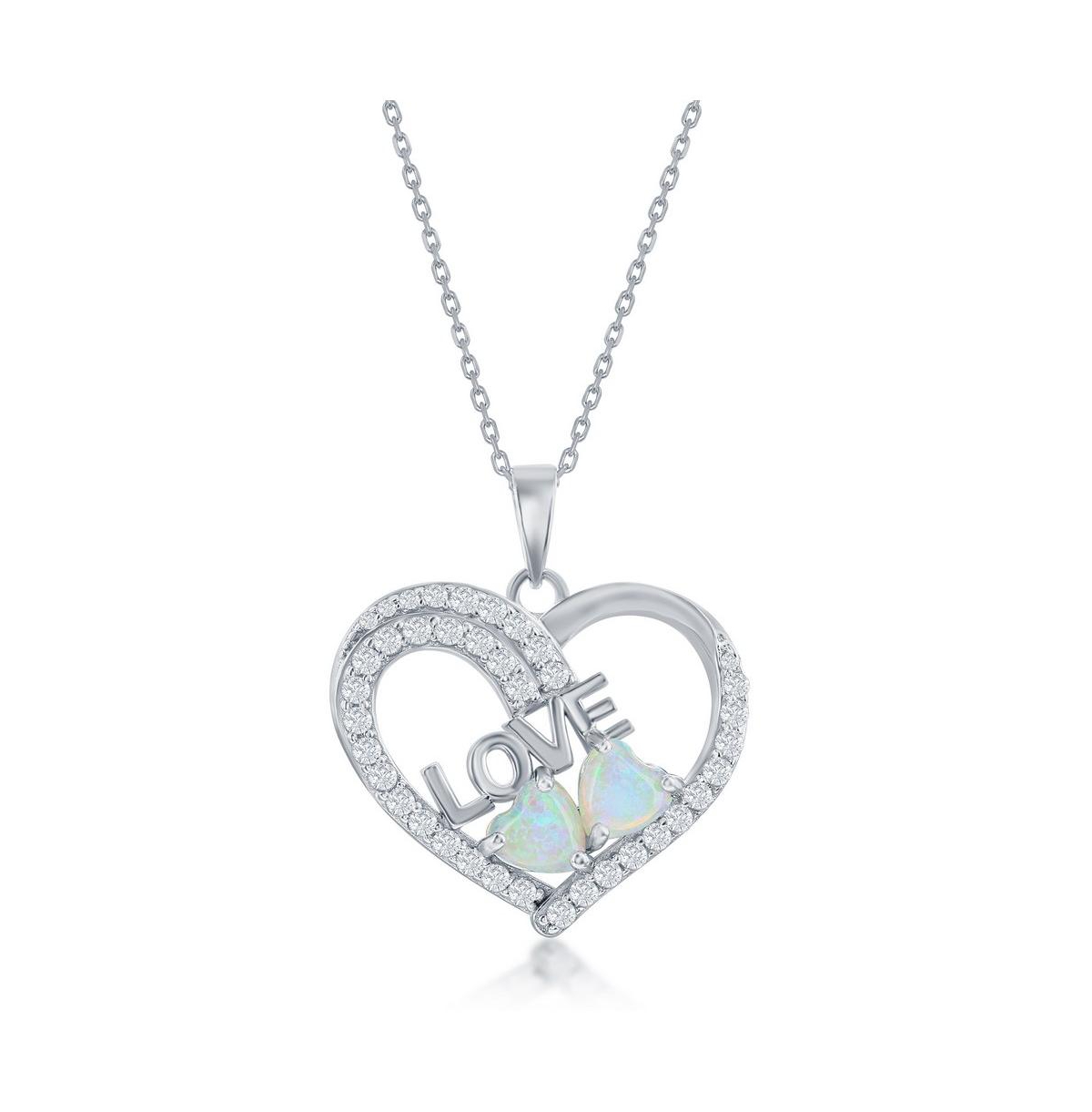 Sterling Silver Synthetic Opal & Cz, Heart & Love Pendant - White