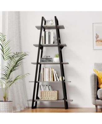 Garmin Bookshelf 5 Tier Industrial Wood, Tall Open Rustic Etagere Bookcase Ladder, Standing Display Shelves for Home Living Room Bedroom Office