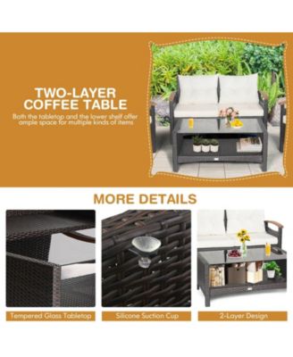 4 Pieces Patio Rattan Furniture Set with Cushioned Sofa and Storage Table