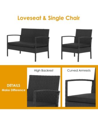 4 Pieces Patio Rattan Cushioned Furniture Set with Wooden Tabletop