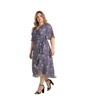 Plus Size Lavender Flutter Sleeve Ruffle Hem Wrap Dress Maxi Length