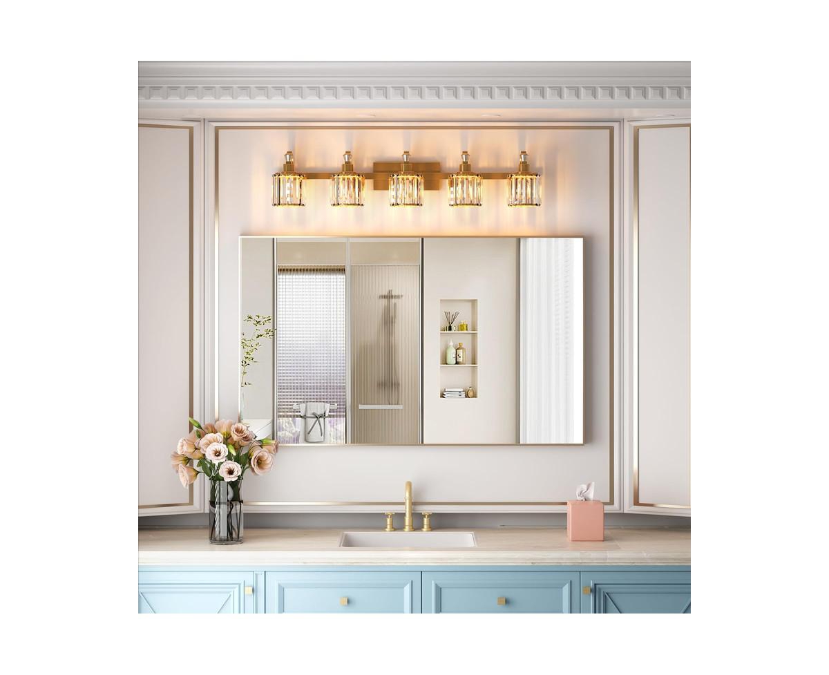 gaomon CrystalBathroom Vanity Light 5 Light Modern Bathroom Vanity Light Fixtures Over Mirror Modern Crystal Vanity Lighting - Gold