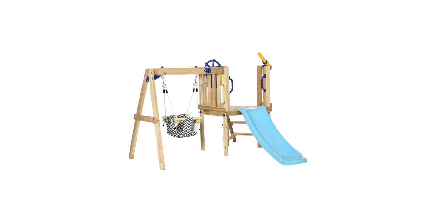 Детские игрушки Slickblue Wooden Swing Set with Toddler Slide, Climbing Steps & Accessories, Ages 1-4, цвет: Синий — фото 1