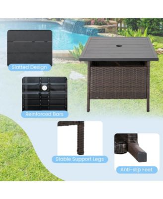 Patio Square Wicker Side Table with Umbrella Hole for Yard Garden Poolside