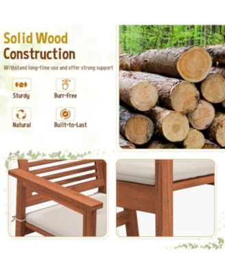 Set of 2 Patio Solid Wood Dining Chairs with Cushions and Slatted Seat