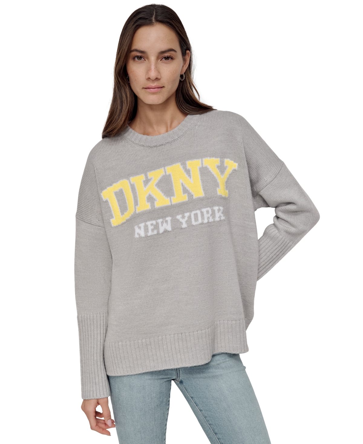 Dkny Jeans Petite Varsity Logo Crewneck Sweater In Pearl Grey Heather,acid Yellow