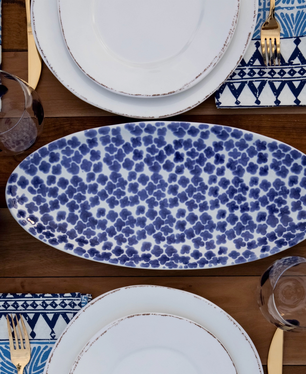 Vietri Santorini Flower Narrow Oval Platter -white