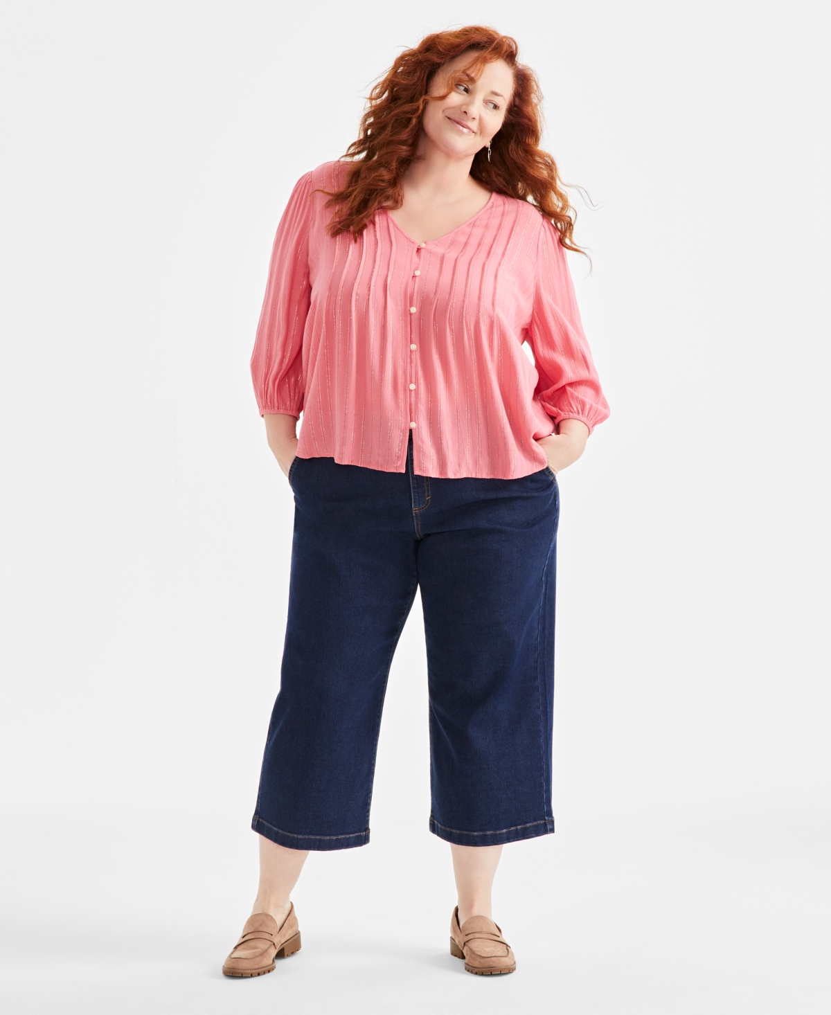 Style & Co Plus Size Pintuck-front 3/4-sleeve Blouse, Exclusively At Macy's In Coral Pink