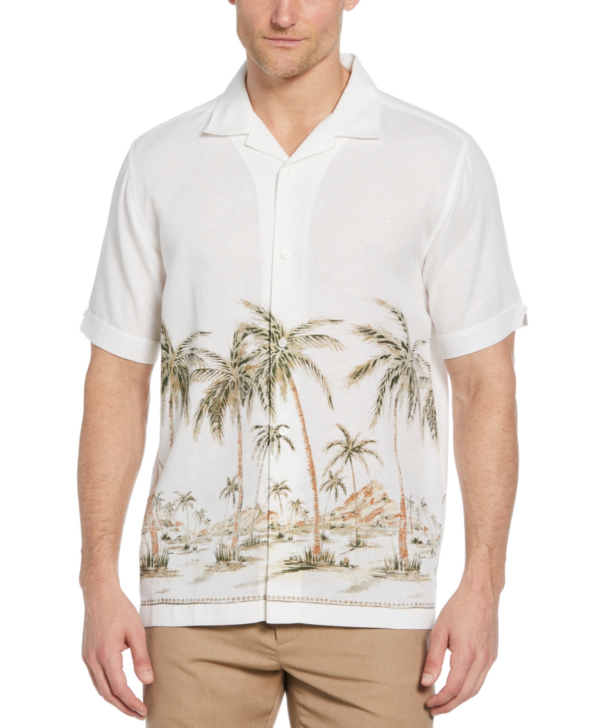 Men's Short Sleeve Button-Front Palm Print Border Camp Shirt - Brilliant White