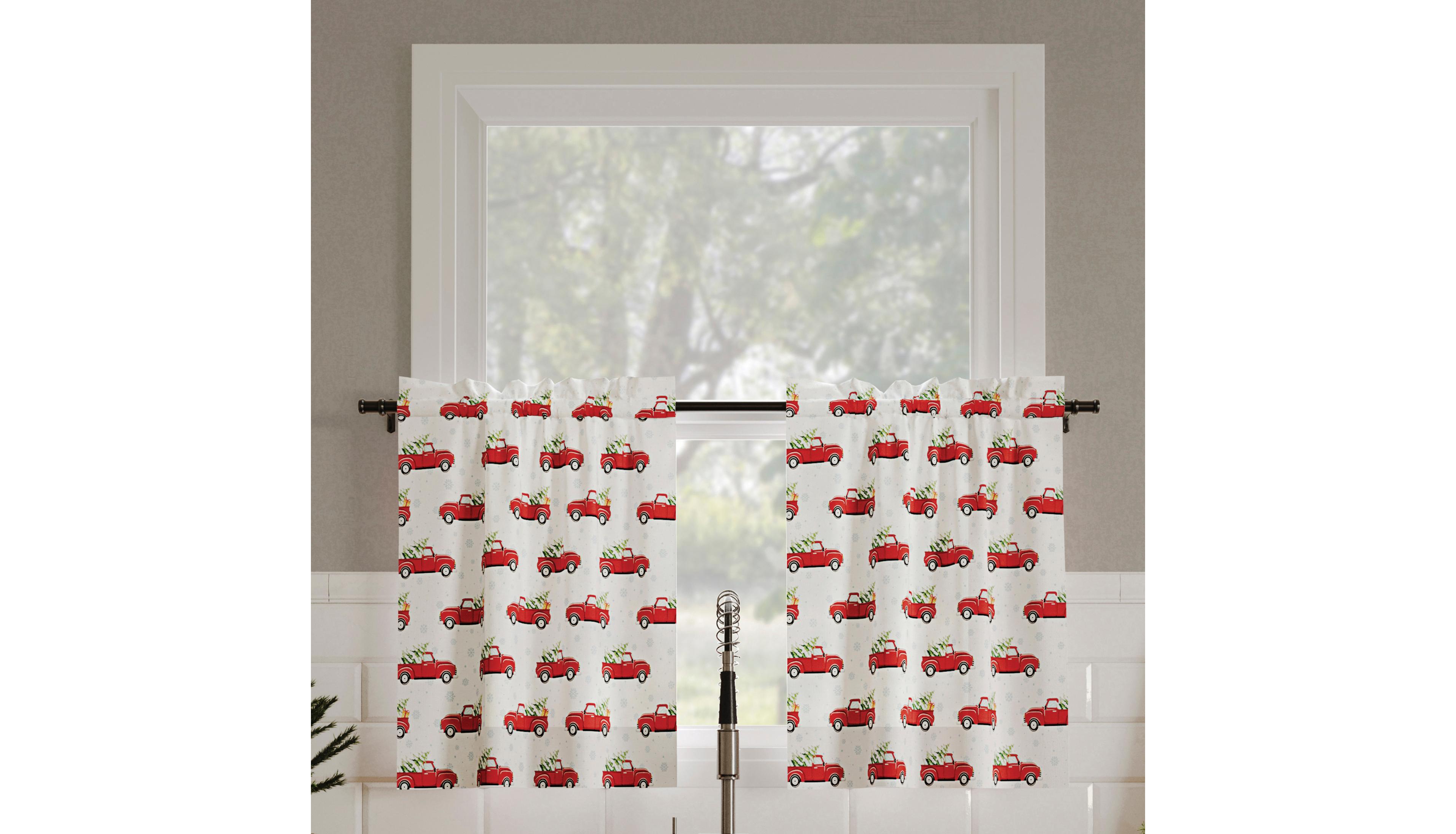 Christmas Pickup Truck Semi-Sheer Rod Pocket Kitchen Curtain Tier Pair