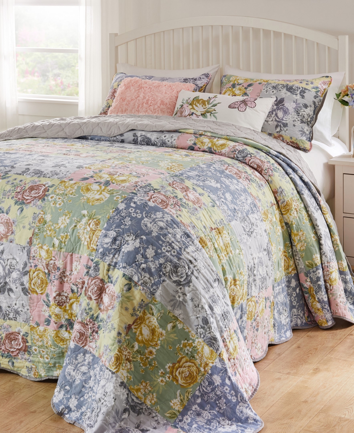 Greenland Home Fashions Emma Floral Print 3-pc. Bedspread Set, Queen In Gray