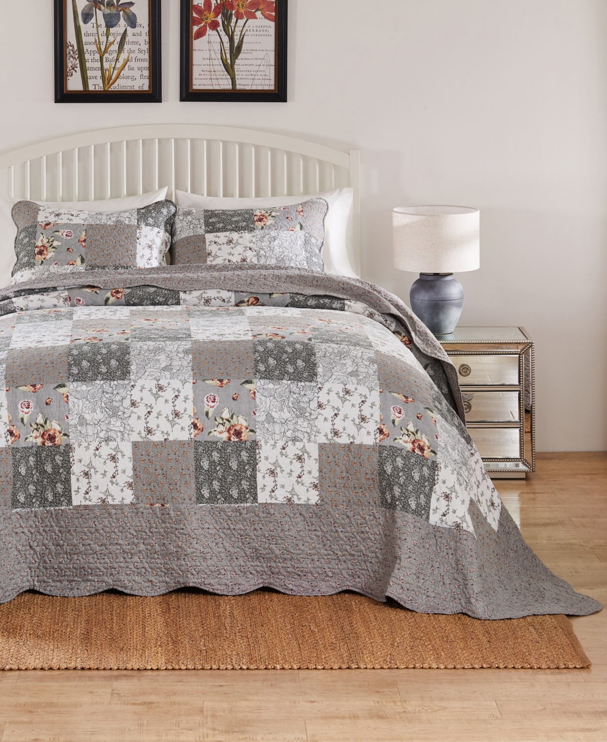 Greenland Home Fashions Giulia Floral Print 3-pc. Bedspread Set, Queen In Gray
