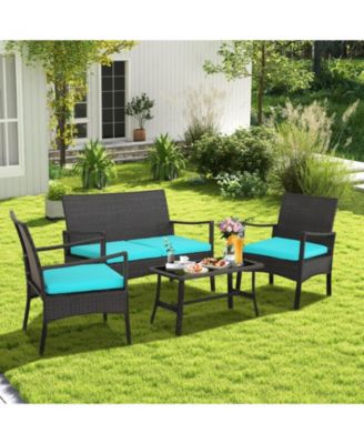 4 Pieces Rattan Conversation Set with Tempered Glass Coffee Table