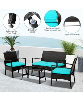 4 Pieces Rattan Conversation Set with Tempered Glass Coffee Table