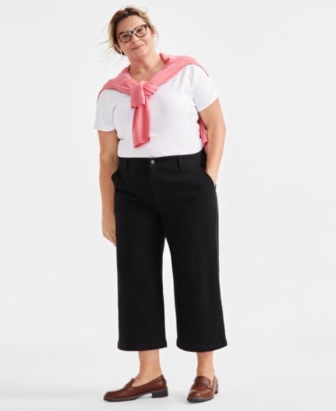 Женские джинсы Style & Co Plus Size Wide-Leg Cropped Jeans, цвет: Глубокий чёрный