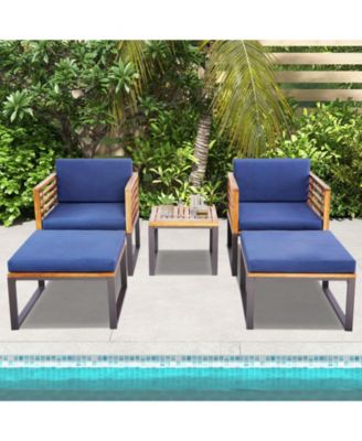 5 Piece Patio Acacia Wood Chair Set with Ottomans and Coffee Table