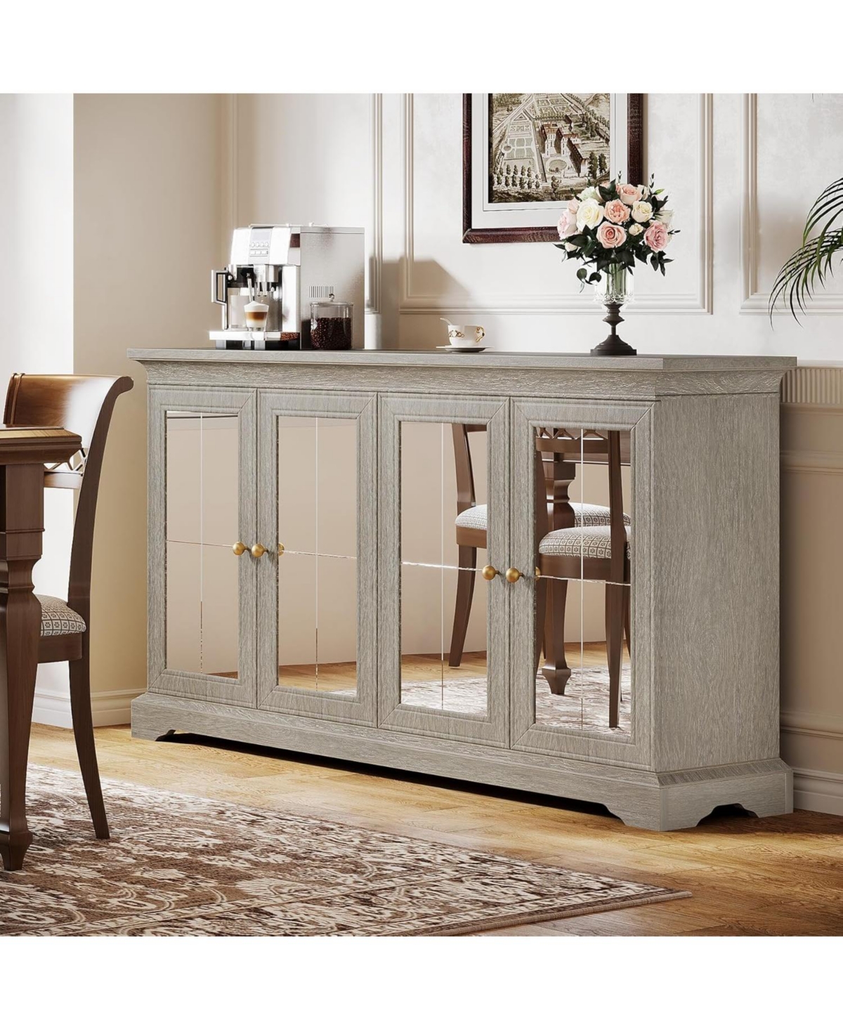 Tribesigns Mirrored Buffet Cabinet with Storage, Vintage Buffet Cabinet with 4 Doors and Adjustable Shelves, Wood Sideboard Buffet Cabinet for