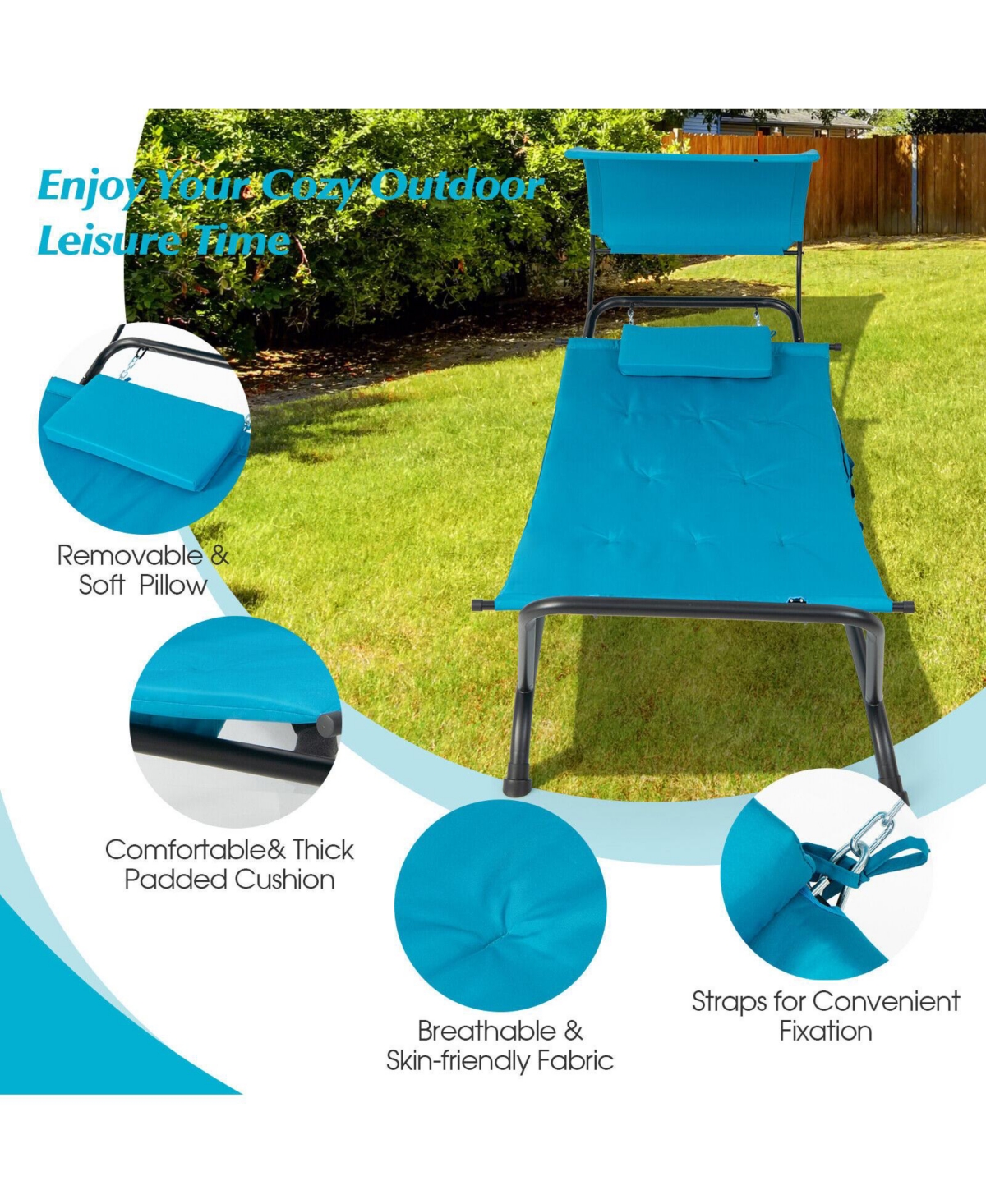 Inolait Sugift Patio Hanging Chaise Lounge Chair with Canopy Cushion Pillow and Storage Bag