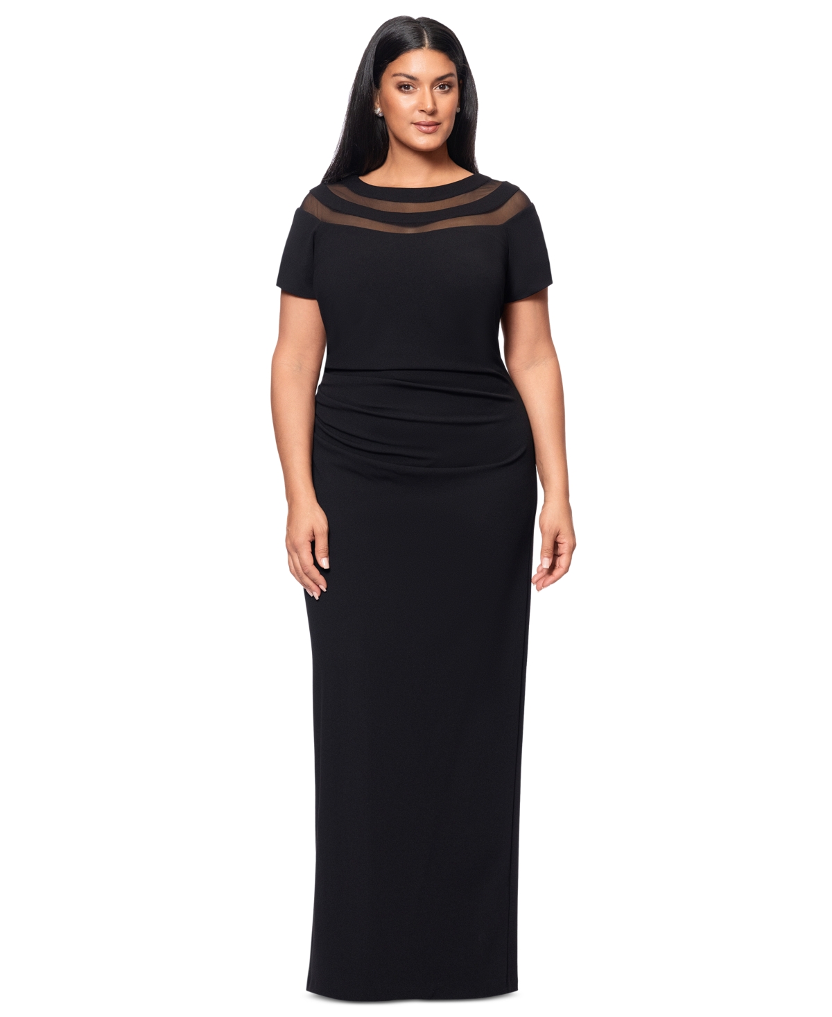 Xscape Plus Size Illusion Boat-neck Short-sleeve Gown In Black