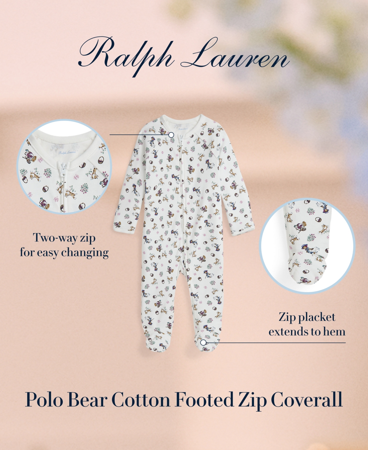 Polo Ralph Lauren Baby Girls Polo Bear Cotton Footed Zip Coverall