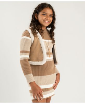 Big Girls Striped Dress with Faux Suede Vest and Necklace 3-Piece