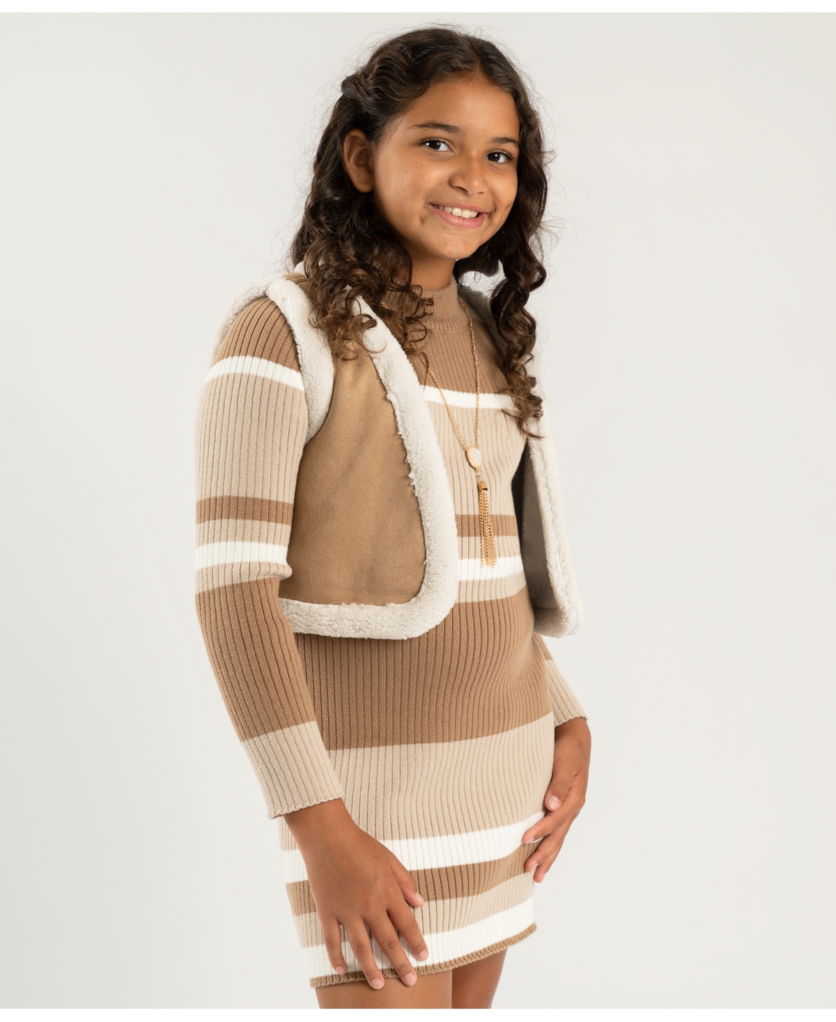 Rare Editions Big Girls Striped Dress with Faux Suede Vest and Necklace 3-Piece