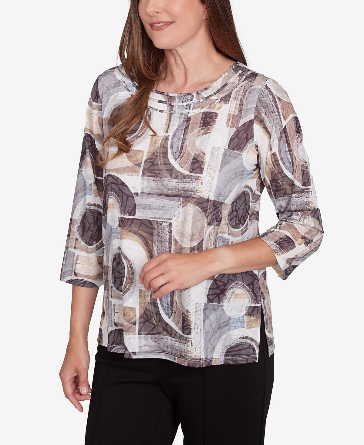 Alfred Dunner Petite Geometric Patch Print Top In Neutral Multi
