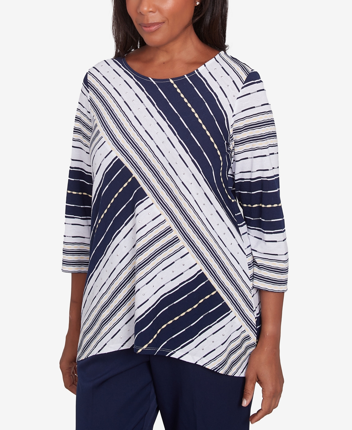 Alfred Dunner Plus Size Block Island Spliced Stripe Crew Neck Textured Top In Navy Multi