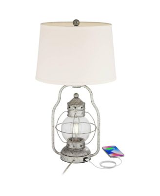 Bodie Rustic Industrial Table Lamp 26" High Distressed Silver with USB Charging Port Nightlight LED Off White Linen Shade for Desk