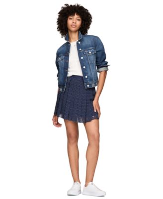 Womens Studded Star Denim Jacket Pointelle T Shirt Mini Star Print Pleated Skirt