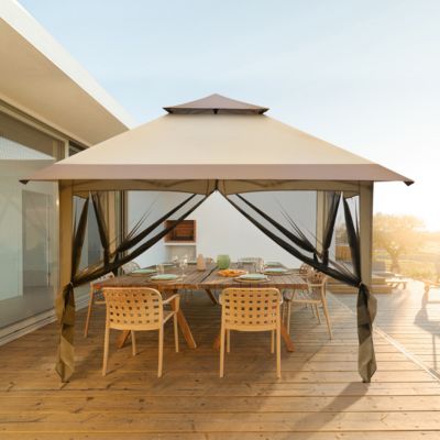 Khaki Oxford Cloth Folding Shed with Right-Angle 4-Sided Gauze Mesh and Double-Top Overhangs