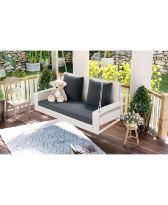 2-Person Wicker Hanging Porch Swing with Chains, Cushion, and Pillows