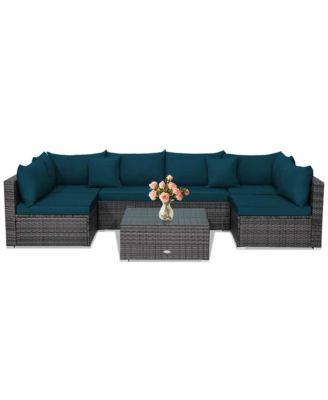 7PCS Patio Rattan Furniture Set Sectional Sofa Cushioned Garden Peacock