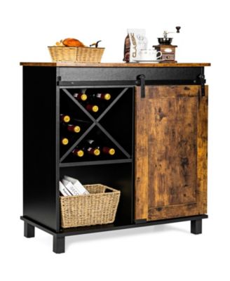 32" Barn Door, 3-Tier Shelves, Detachable Wine Rack, Industrial Style Farmhouse Sideboard Cabinet