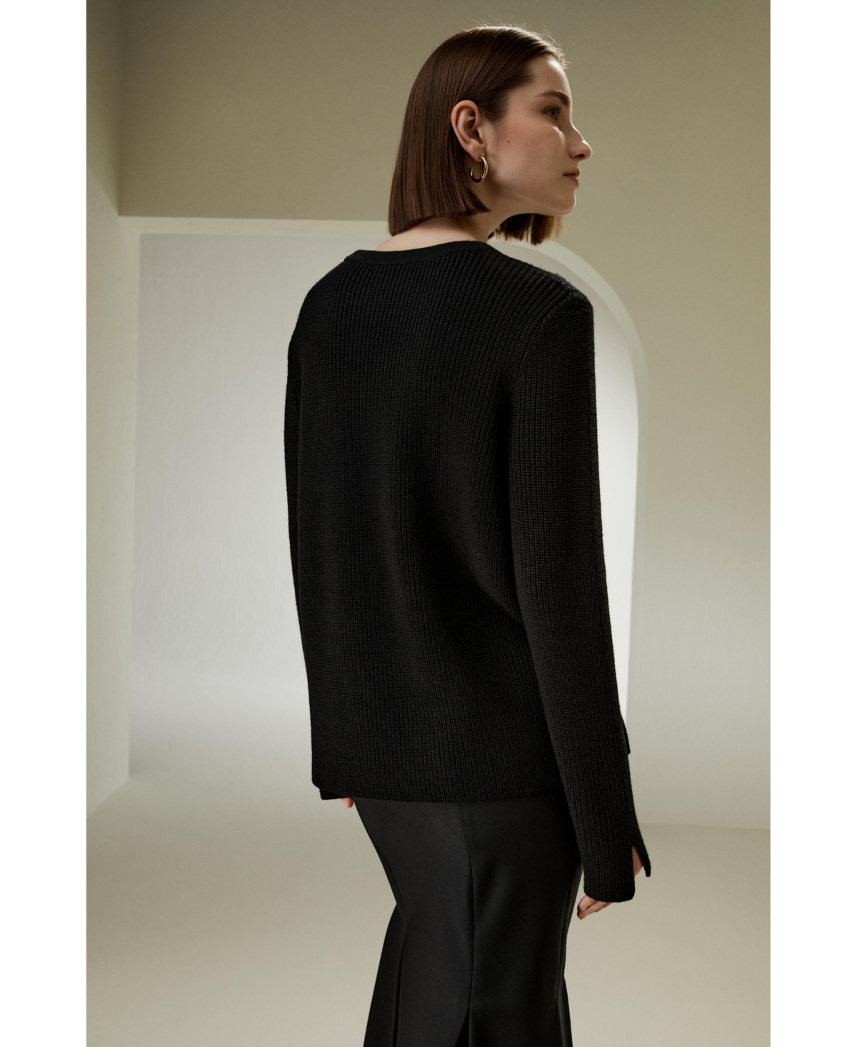 Lilysilk Women's Merino Wool Ribbed Slit Cuff Sweater