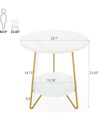 Faux Marble End Table Set of 2, 2 Tier Round Side Table with Shelves, Modern Gold Nightstand Bedside Table Small Coffee Accent Table for Living Room Bedroom, White and Gold