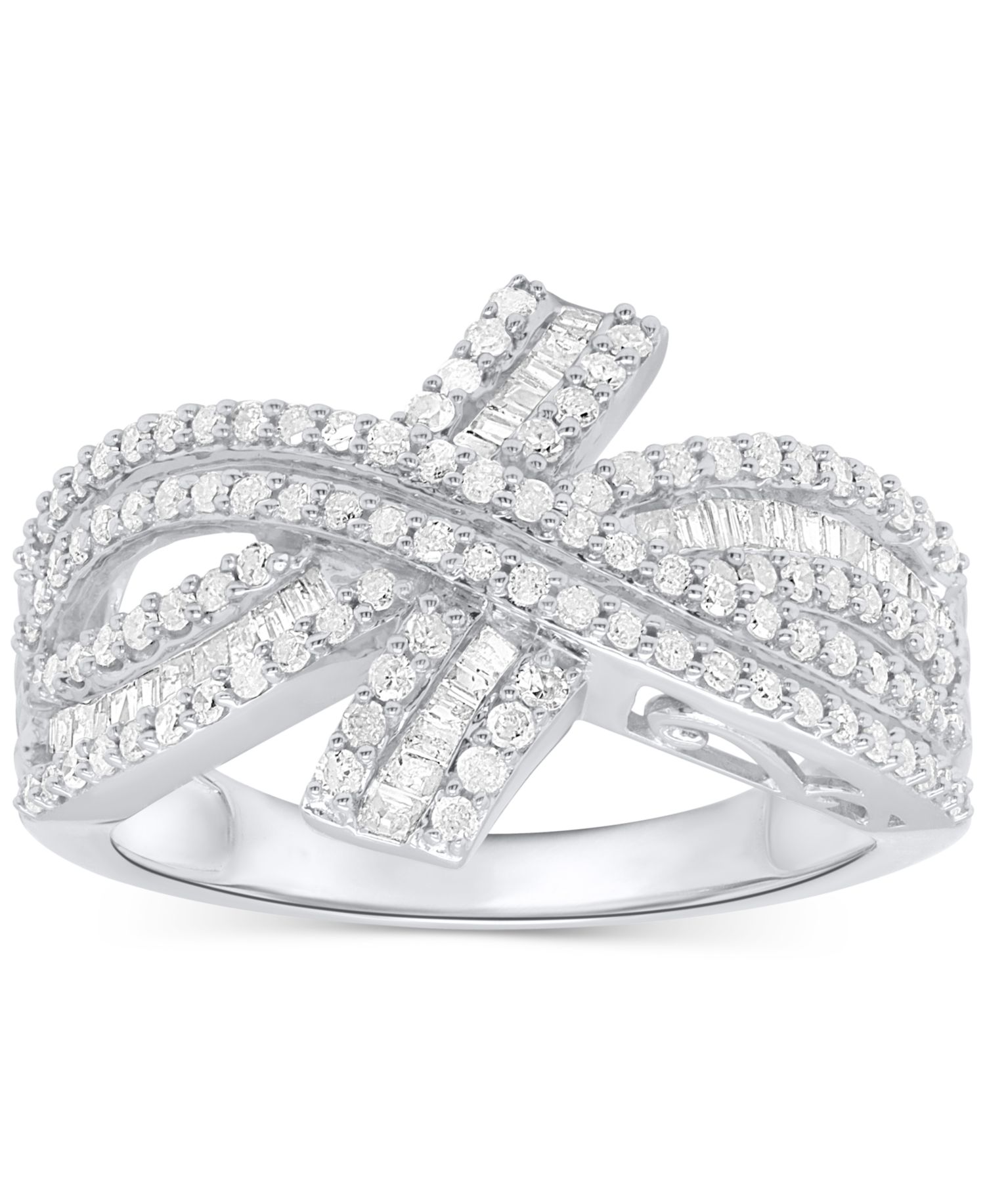 Diamond Round & Baguette Crossover Ring (3/4 ct. t.w.) in Sterling Silver