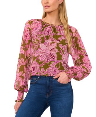 CeCe - Women's Long-Sleeve Smocked-Cuff Floral-Print Top