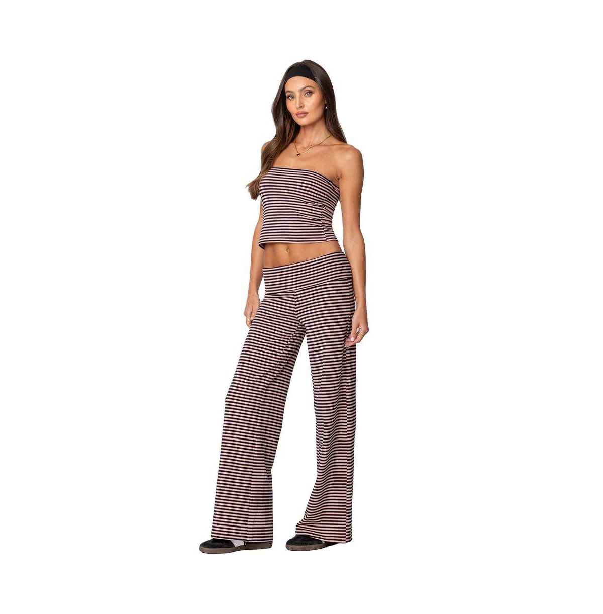 Edikted Women's Lilah Striped Fold Over Pants - Navy-and-pink