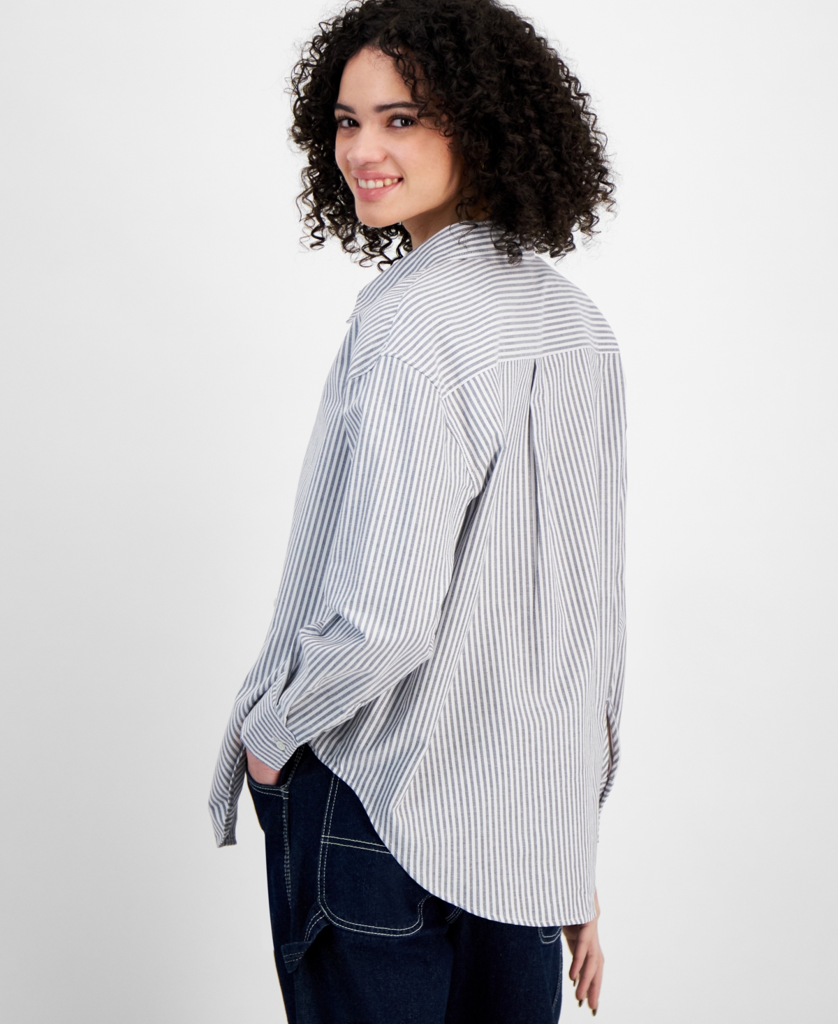 SELF ESTEEM JUNIORS' STRIPED LONG-SLEEVE BUTTON-UP SHIRT 