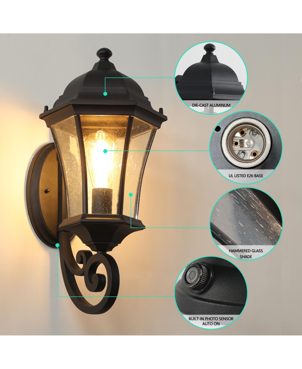 Outdoor Waterproof Glass Retro Wall Lamp(2 pack) with Light sense